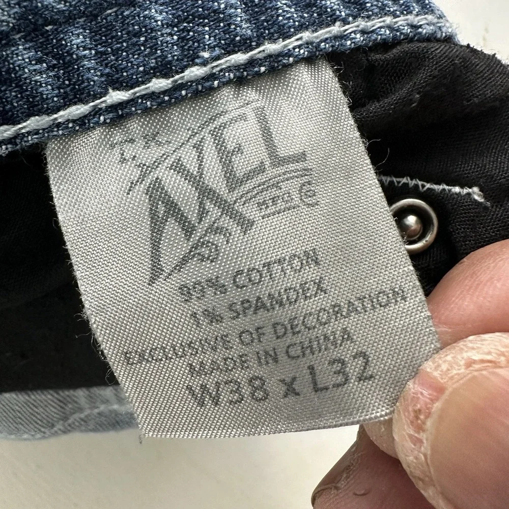 TK Axel Vintage Boot Cut Flap Pockets Jeans Men Fits 38x31 Denim Blue Distressed